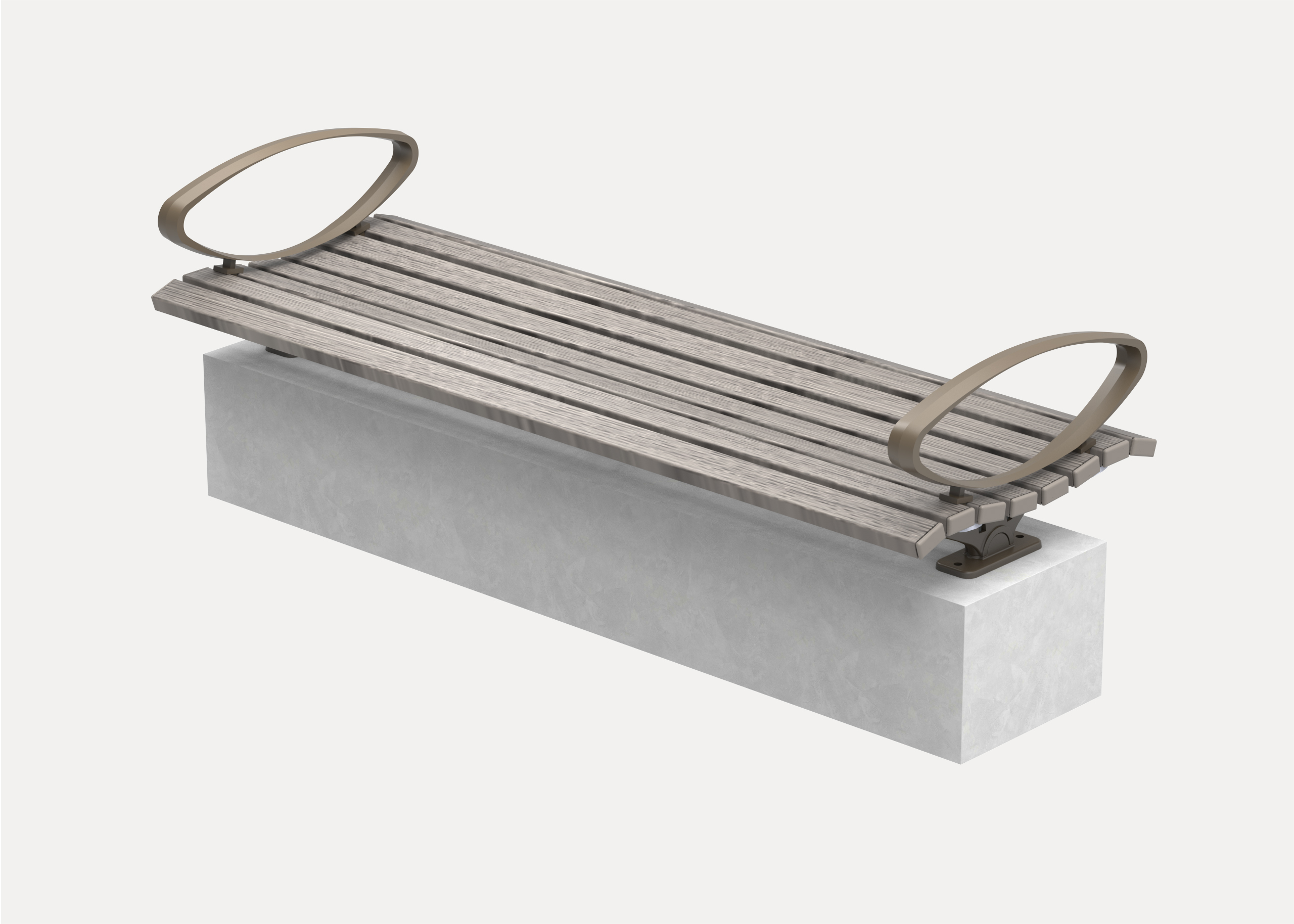Mall Bench (CMM4) with Elliptical Arms, plinth-fixed, aluminium Beach Oak battens and Textura Jasper frame.