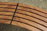 Mall Curved Benches, battens in aluminium woodgrain Spotted Gum, frames in Night Sky.