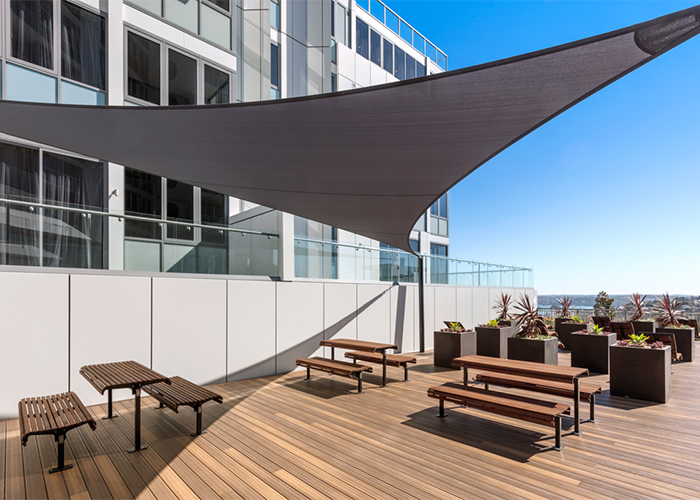 Classic Plaza Settings, with Classic Plaza Benches, Jarrah battens and Night Sky frames. Photo: Meriton.