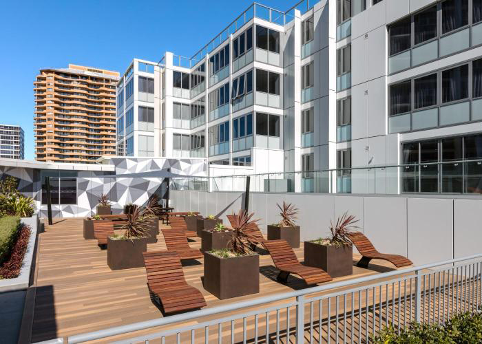 Mall Sun Lounges with Jarrah battens and Night Sky frames. Photo: Meriton.