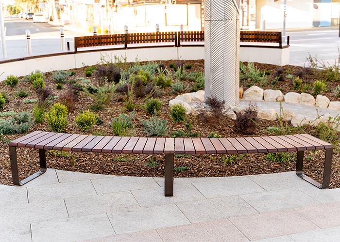 Linea VT Curved Bench (LVB6-C) convex, with hardwood battens, Textura Dark Bronze frame.