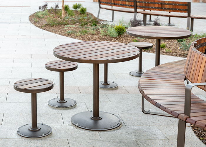 Cafe Setting (T1 and S1), battened top in Spotted Gum hardwood, Textura Dark Bronze frame.