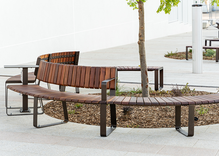 Linea VT Curved Seat (LVS10-C) and Bench (LVB6-C) with hardwood battens, Textura Dark Bronze frame.