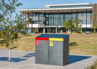 Escola eBin, dual recyling and garbage units, panels powdercoated in Sable Bass.