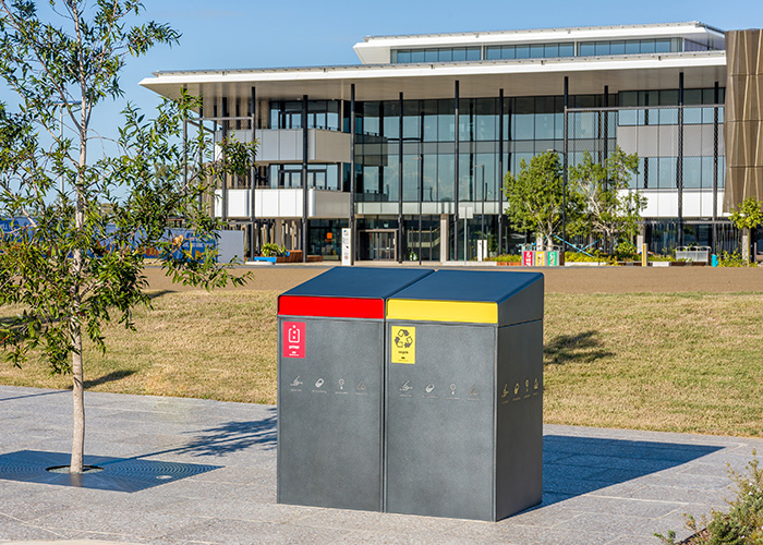 Escola eBin, dual recyling and garbage units, panels powdercoated in Sable Bass.