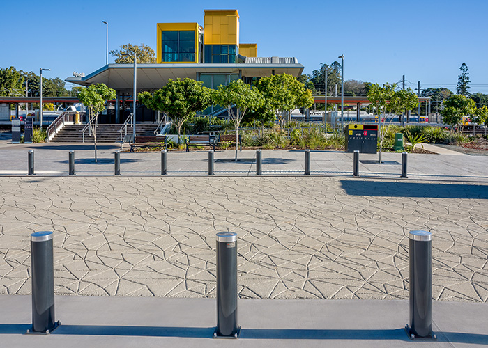 Wide Bollards - surface fixed, some removable, powdercoated in Sable Bass.