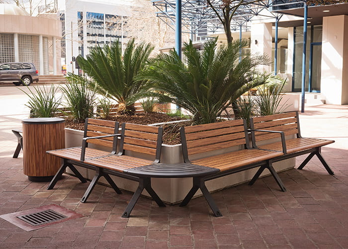 Aria Seat and Simple Bin, woodgrain aluminium battens in Spotted Gum, frame in Textura Monument.