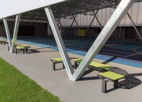 Aria Benches, Lycra Strip battens with Textura Monument frames and connector panels.