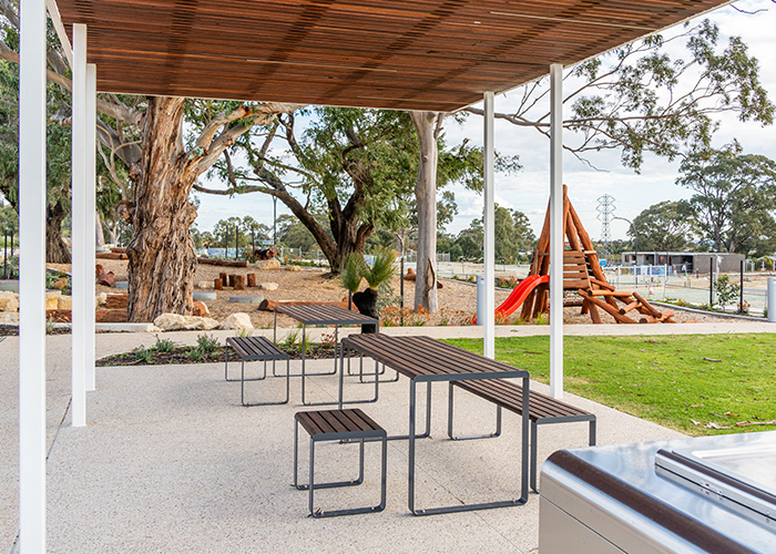 Linea Setting with Table (LIT10-DDA, 1800mm) and Benches (LIB6) with hardwood battens, Ironstone frame.