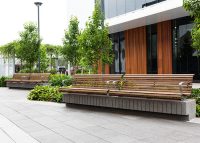 Plinth-mounted Classic Galleria Seats, eco-certified Jarrah hardwood battens, Palladium Silver frame.