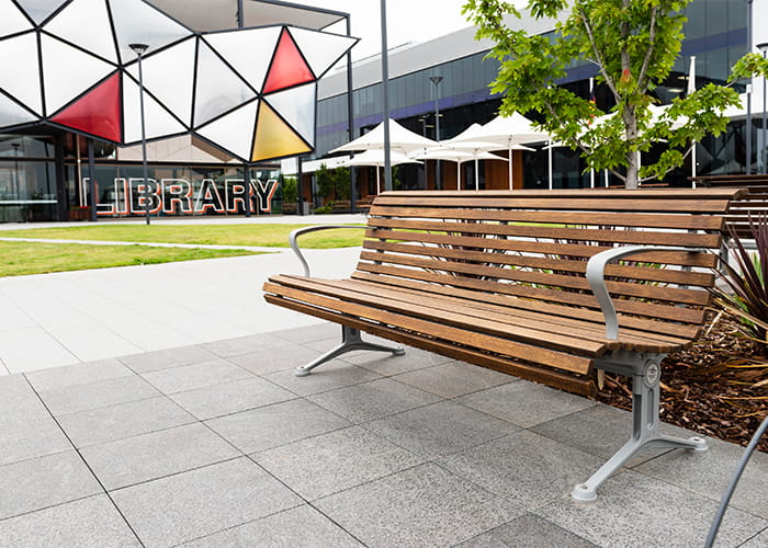 Classic Galleria Seat, eco-certified Jarrah hardwood battens, Palladium Silver frame.