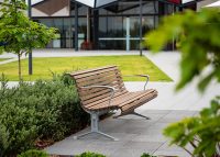 Classic Galleria Seat, eco-certified Jarrah hardwood battens, Palladium Silver frame.