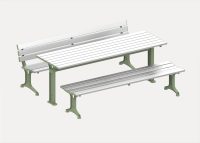 Park Table (2100mm) with Pedestal legs, Park Seat and Park Bench (2100mm) with Tee legs, aluminium anodised battens and Pale Eucalypt frames.