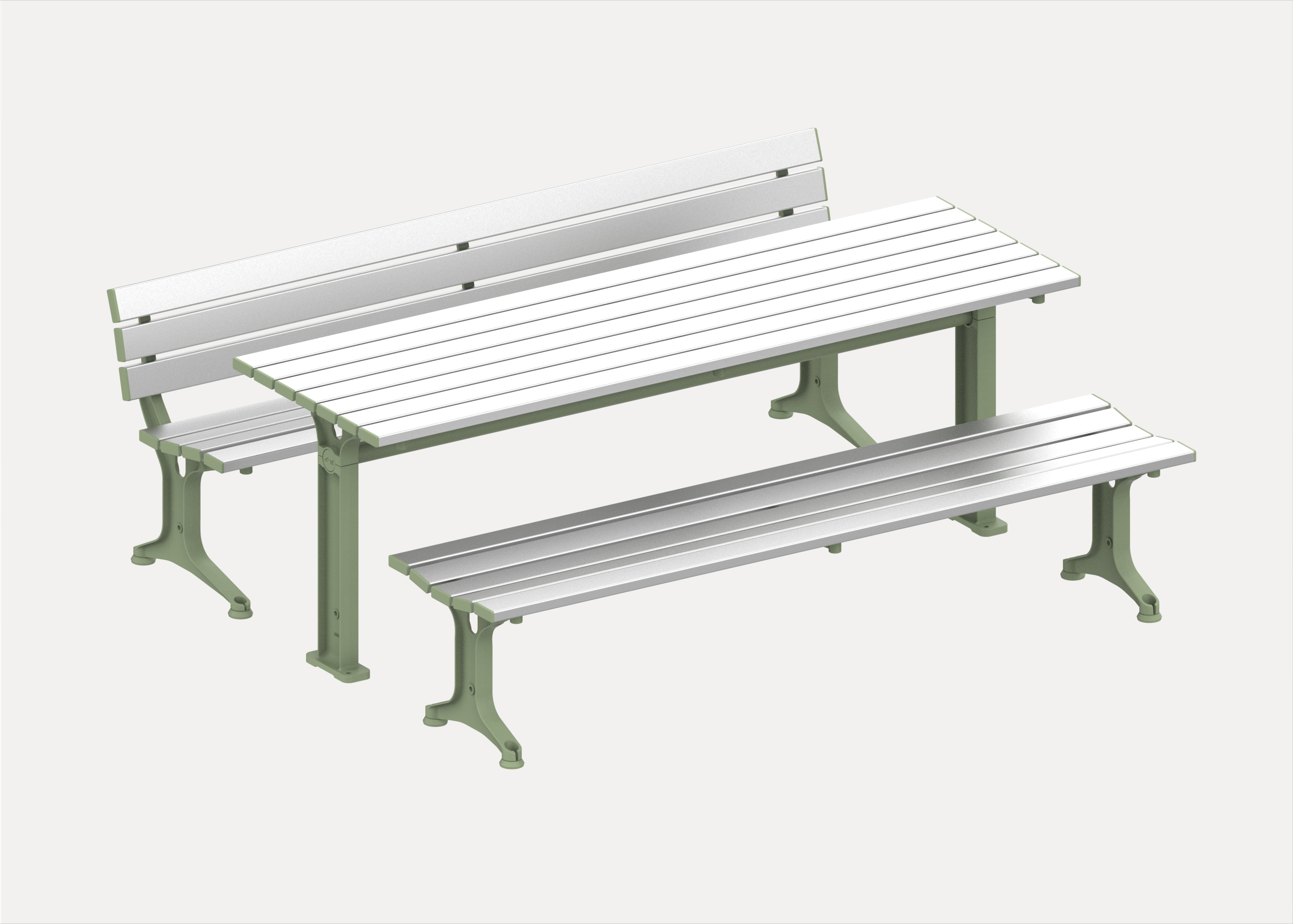 Park Table (2100mm) with Pedestal legs, Park Seat and Park Bench (2100mm) with Tee legs, aluminium anodised battens and Pale Eucalypt frames.