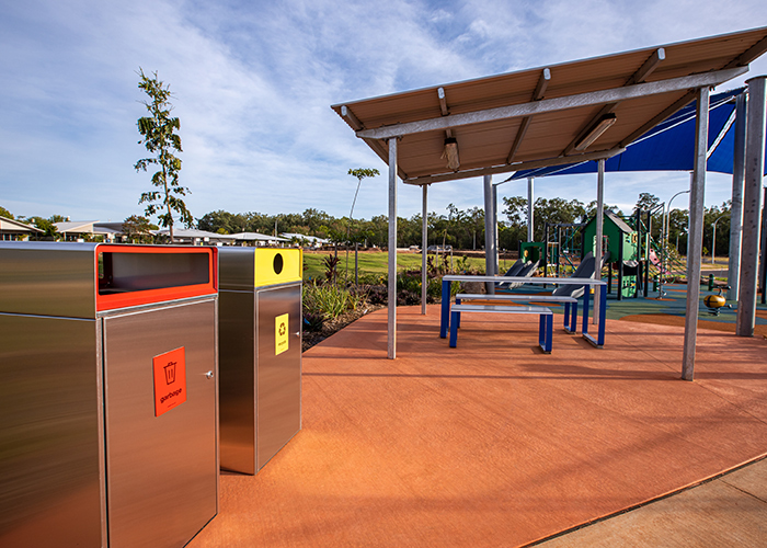 Escola Bin Enclosure (WBE-E120) in stainless steel, Circle insert in Brilliant Yellow, Rectangle in Lobster Red.