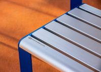 Linea DDA Table (LIT10-DDA, 2100) with Bench (LIB6, 1800) anodised aluminium battens, Jaybird Blue frame.