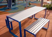 Linea DDA Table (LIT10-DDA, 2100) with Bench (LIB6, 1800) anodised aluminium battens, Jaybird Blue frame.