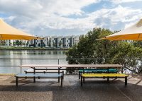 Aria Long Communal Table (CMA6-L) DDA in Doeskin, White, Deep Pool, Horizon Blue and Brilliant Yellow.