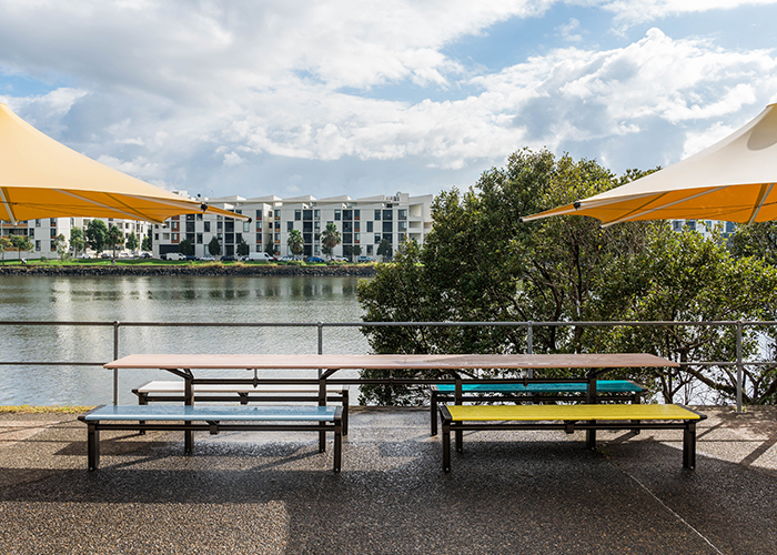 Aria Long Communal Table (CMA6-L) DDA in Doeskin, White, Deep Pool, Horizon Blue and Brilliant Yellow.