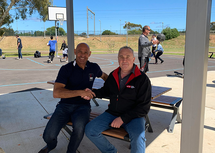 Roger Rasheed with Street Furniture Australia's Paul Johnson at the hub opening.