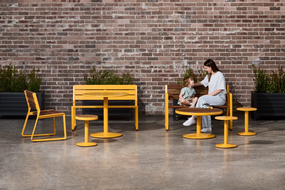 Piatto collection with eco-certified hardwood battens, Safety Yellow battens and frames.
