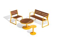 Piatto Chair and Coffee Table with eco-certified hardwood battens, Safety Yellow frames. Piatto Stool in Safety Yellow.