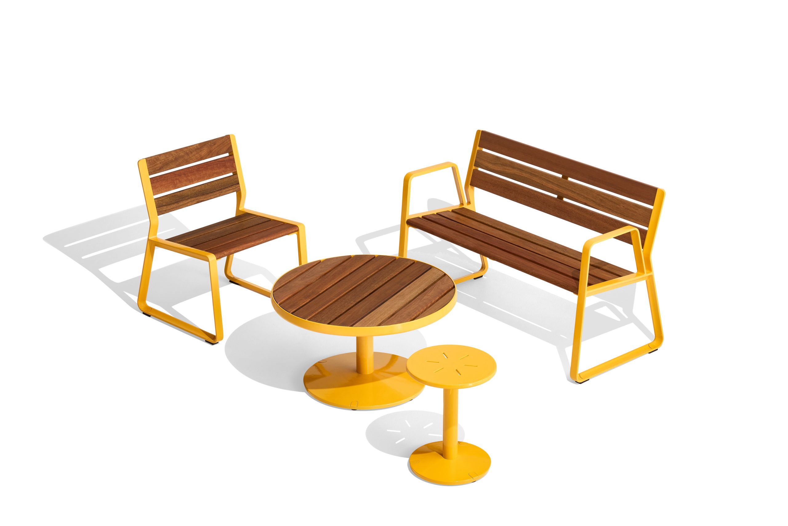 Piatto Chair and Coffee Table with eco-certified hardwood battens, Safety Yellow frames. Piatto Stool in Safety Yellow.