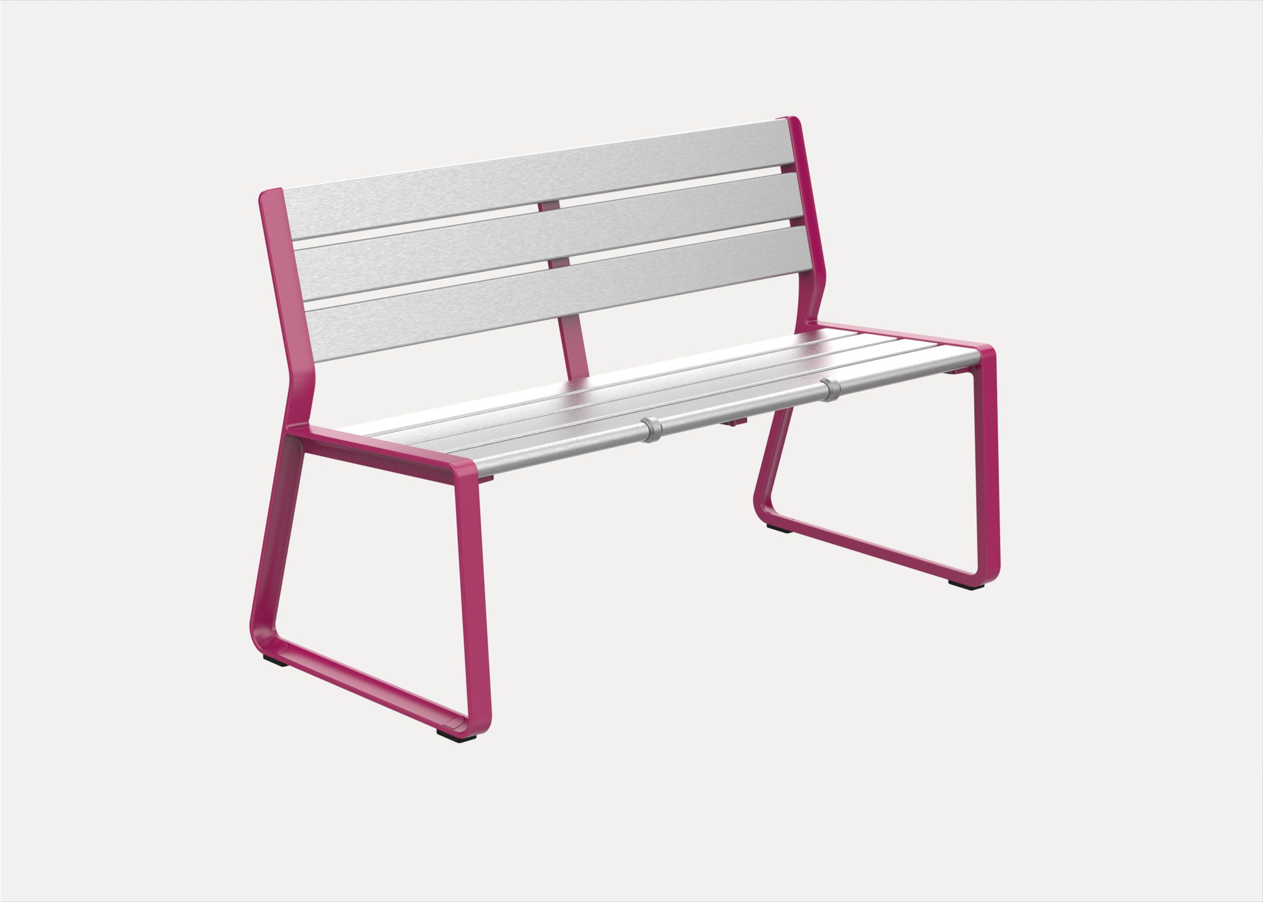 Qty 2 Piatto Seat Divider in electropolished finish on a Piatto Love Seat without arms (1200mm) in Aluminium Anodised battens and Telemagenta (Pink) frames.