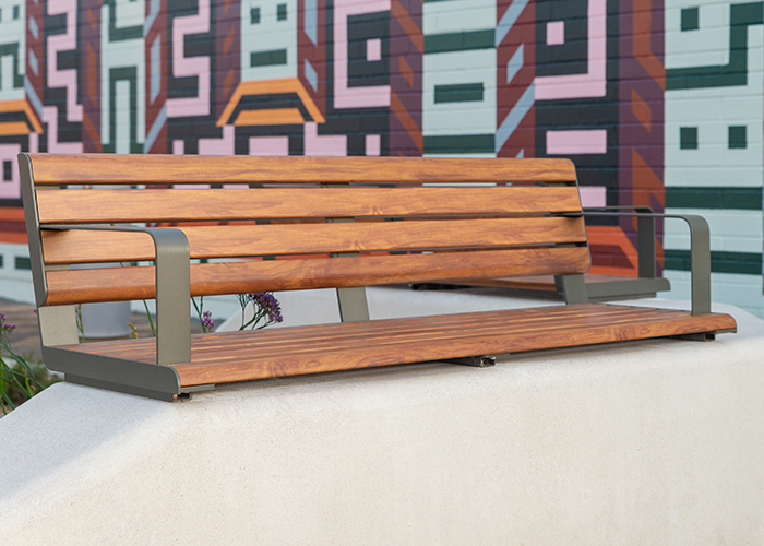 Linea Seat (LIS10, 1500) plinth-fixed with aluminium Spotted Gum battens, Textura Woodland Grey frames.