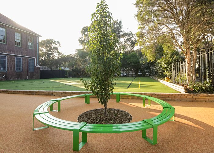 Tailored circular bench in Viper Green for the upgraded Randwick Public School campus.