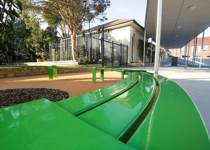 Tailored circular bench in Viper Green for the upgraded Randwick Public School campus.