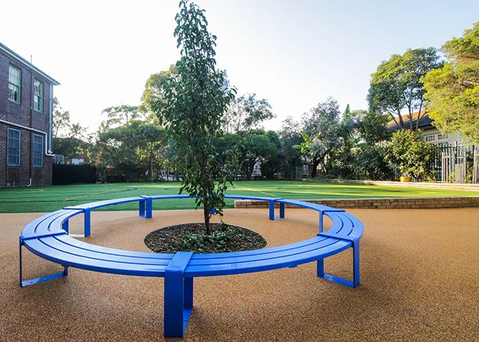 Tailored circular bench in Bondi Blue for the upgraded Randwick Public School campus.