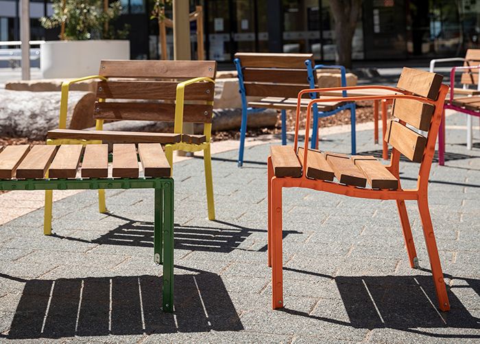 Forum Seats and Low Table, frames in Shamrock Green, Brilliant Yellow, Sensation Orange, Bondi Blue.