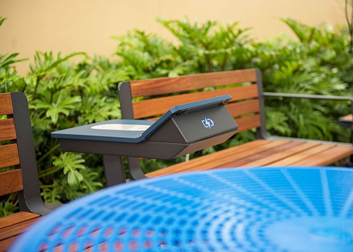 Aria Seats with PowerMe, and a Cafe Table in Bondi Blue.