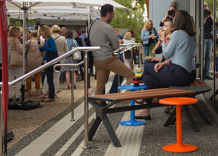 Curved Aria Bench, with Cafe Stools for your coffee.