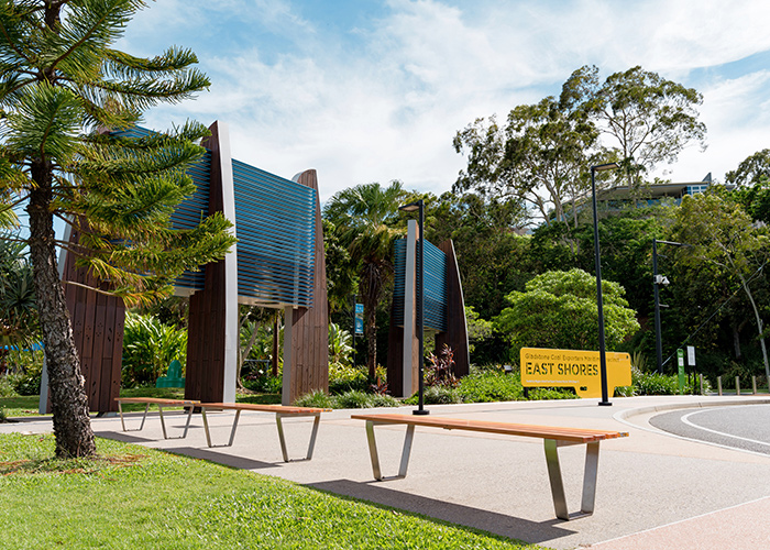 Custom Bench designed by Urbis, battens in Sensation Orange, Safety Yellow and Brilliant Yellow.