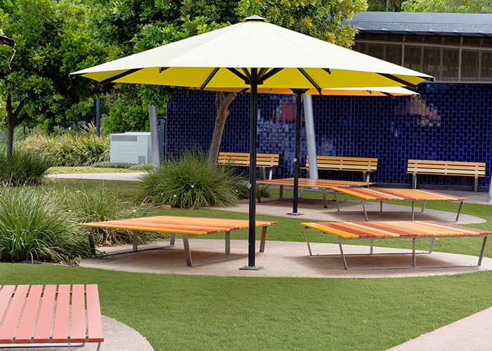 Custom Platform designed by Urbis, in Lobster Red, Sensation Orange, Safety Yellow and Brilliant Yellow.