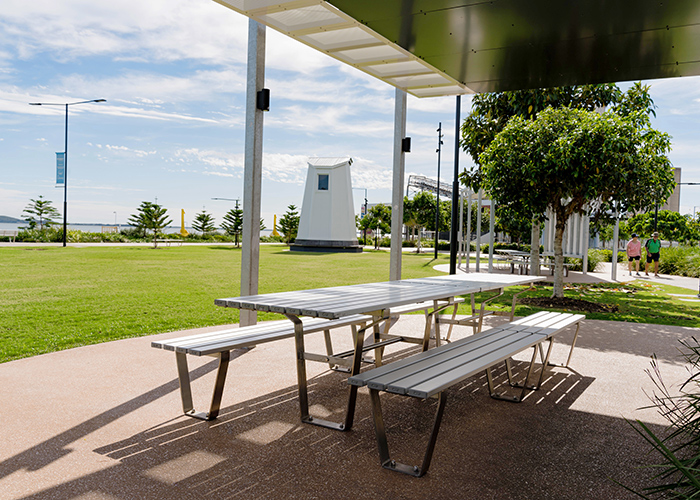 Custom Picnic Setting designed by Urbis, with anodised aluminium battens and stainless steel frame.