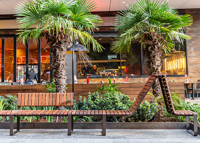 Tailored Linea VT seating system with Spotted Gum hardwood battens, Textura Dark Bronze frame.