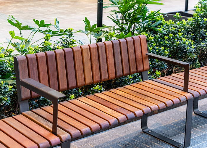 Tailored Linea VT seat with Spotted Gum hardwood battens, Textura Dark Bronze frame.