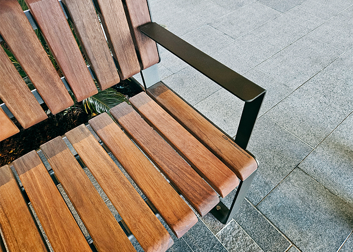 Tailored Linea VT seat with Spotted Gum hardwood battens, Textura Dark Bronze frame.