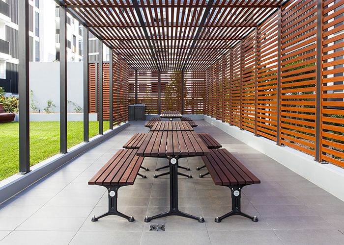 Mall Settings are sheltered and paired with barbeques for enjoying the outdoors.
