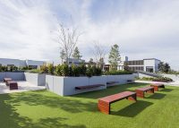 Bespoke furniture adorns the rooftop park.