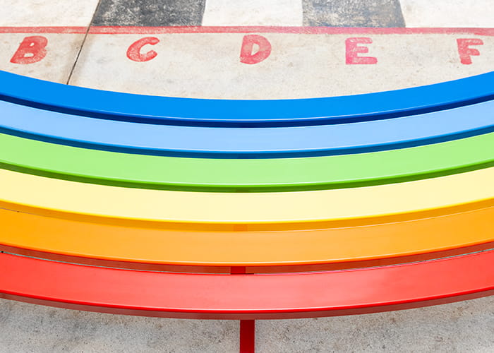 Mall Curved Slim Bench in DuraBright Lobster Red, Orange, Yellow, Viper Green, Bondi Blue and Jaybird.