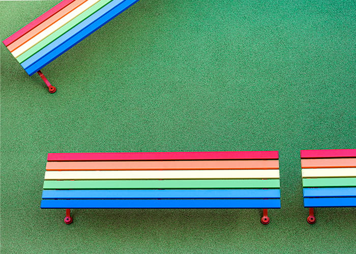 Mall Slim Bench in DuraBright Lobster Red, Orange, Yellow, Viper Green, Bondi Blue and Jaybird.