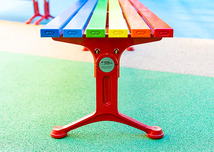 Mall Slim Bench in DuraBright Lobster Red, Orange, Yellow, Viper Green, Bondi Blue and Jaybird.