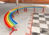 Mall Curved Slim Benches in DuraBright Lobster Red, Orange, Yellow, Viper Green, Bondi Blue and Jaybird.