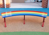 Mall Curved Slim Bench in DuraBright Lobster Red, Orange, Yellow, Viper Green, Bondi Blue and Jaybird.
