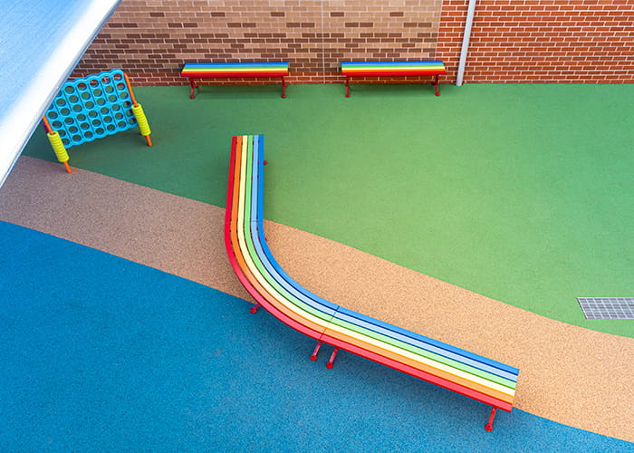 Mall Curved Slim Bench and Mall Slim Benches in DuraBright powdercoat range.