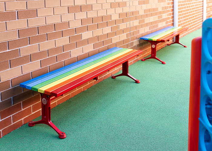 Mall Slim Bench in DuraBright Lobster Red, Orange, Yellow, Viper Green, Bondi Blue and Jaybird.